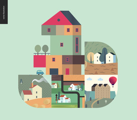 Simple things - houses - flat cartoon vector illustration of countryside house, isolated building, tower, treehouse with ladder, row of townhouses, top view map of farmland - houses composition