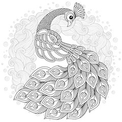 Peacock in zentangle style. Adult antistress coloring page. - 208251307