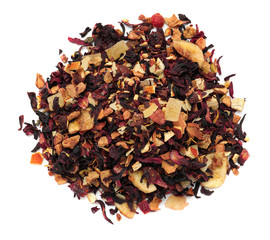 Heap of dry hibiscus tea leaves with fruits on white background, top view
