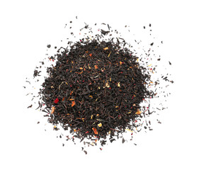Heap of dry black tea leaves with fruits and petals on white background, top view