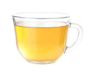 Cup of hot aromatic tea on white background