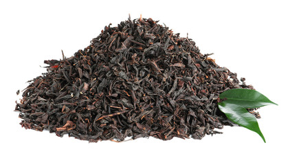 Heap of dry black tea leaves on white background
