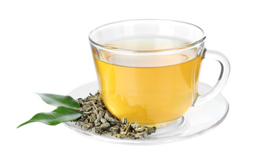 Cup of hot aromatic tea on white background