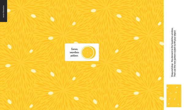 Food patterns, summer - fruit, lemon texture, small half of an lemon image in the center - a seamless pattern of the lemon sour pulp full of white seeds on the yellow background