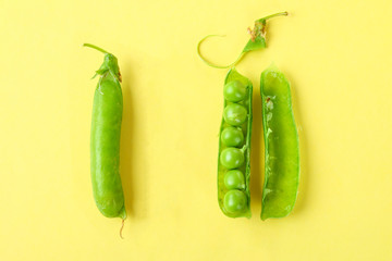 Peas, pods, leaves and pea flowers on a light pastel background. Floral layout.