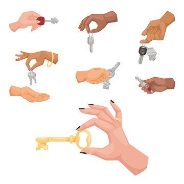 Hand holding key vector apartment selling human gesture sign security house concept arm symbol illustration