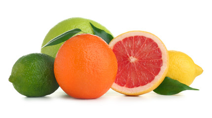 Tasty citrus fruits on white background