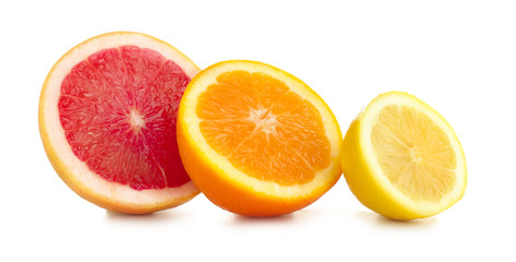 Tasty citrus fruits on white background