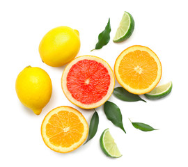 Fototapeta na wymiar Composition with sliced citrus fruits on white background