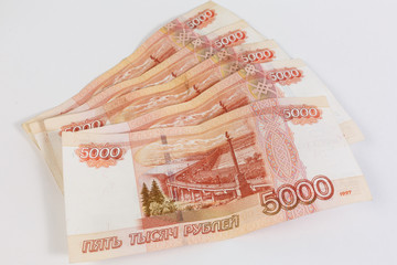 Russian money banknotes of five thousand rubles.