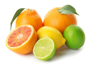 Different tasty citrus fruits on white background