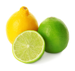 Tasty ripe lemon and limes on white background