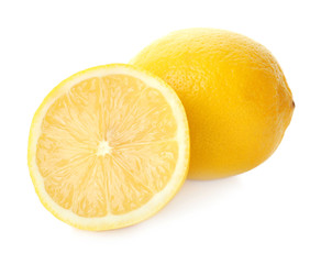 Tasty ripe lemons on white background