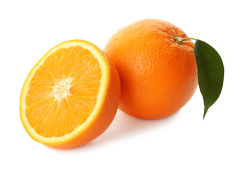 Naklejka na ściany i meble Tasty ripe oranges on white background