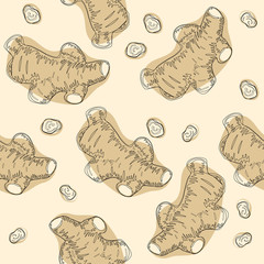 Ginger root seamless pattern. Hand drawn vector illustration