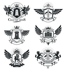 Vintage decorative emblems compositions, heraldic vectors. Classy high quality symbolic illustrations collection, vector set.