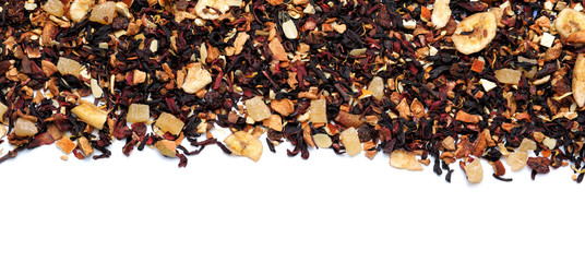 Heap of dry hibiscus tea leaves with fruits on white background