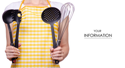 Woman in apron with kitchen tools in hands pattern on white background isolation