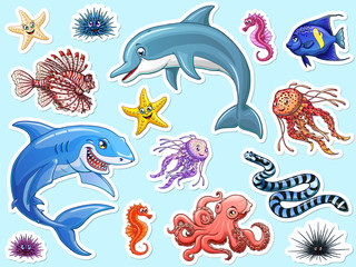 Set cute marine animals colorful on white