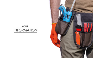Construction belt on a man tool belt builder pattern on a white background isolation