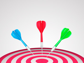 Red darts with blue, green and red javelin. Target concept. Vector illustration.