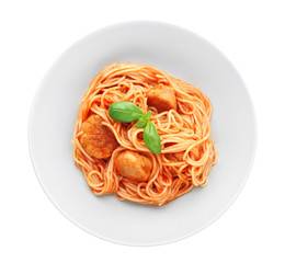Plate of delicious pasta with meat and tomato sauce on white background