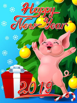 Card joyful pink pig and fir vertical
