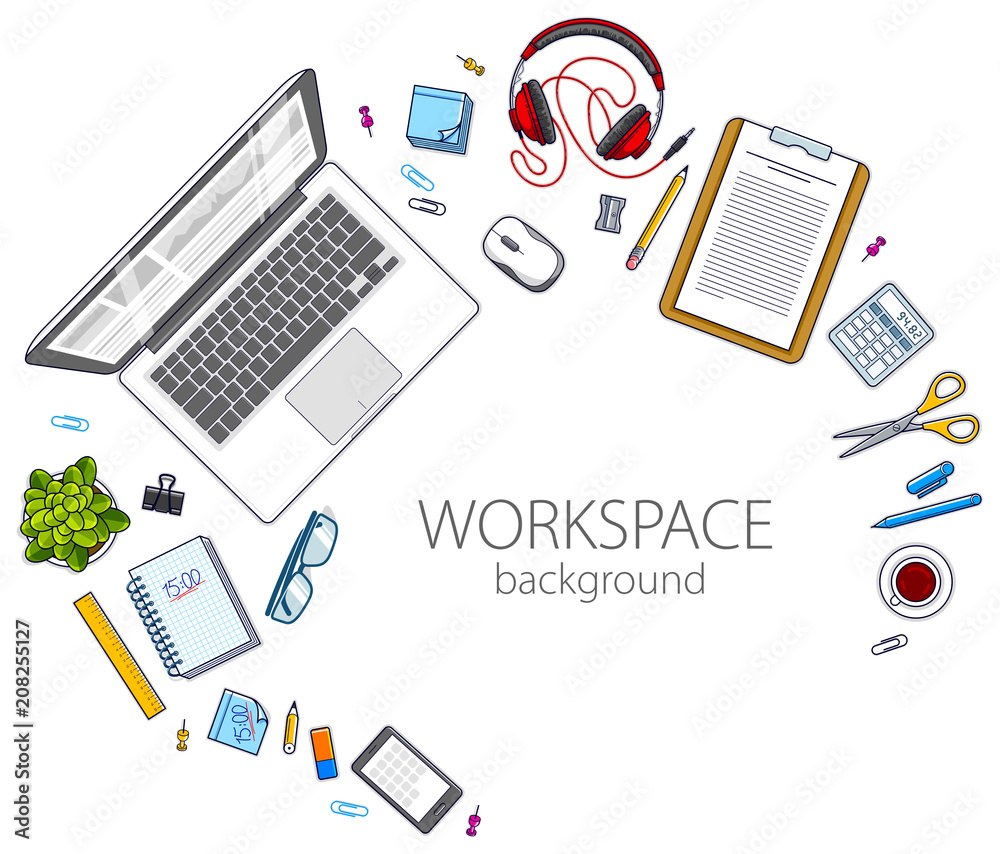 Poster office employee or entrepreneur work desk workplace with pc computer and diverse stationery objects 