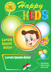 Kids Party vector flyer, birthday invitation template, Kids event info announcement design, cartoon illustrations