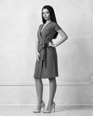 Attractive woman with long brunette hair dressed in fashionable brown wrap around midi dress with short sleeves smiling and posing. Laughing female model standing against white wall on background.