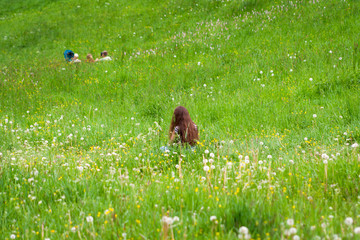 A young girl with dissolved dark hair is sitting backwards on a green meadow full of flowers