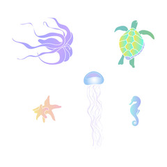 Fototapeta na wymiar A set of sea animals: octopus, marine turtle, starfishes, jellyfish and seahorse. Vector Illustration. 