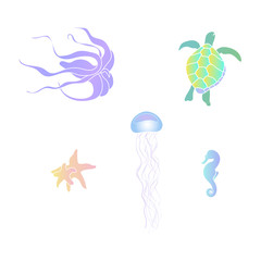 A set of sea animals: octopus, marine turtle, starfishes, jellyfish and seahorse. Vector Illustration. 