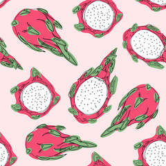 Tropical exotic fruit dragon fruit. Hand draw seamless pattern.