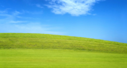 Fototapeta na wymiar Panoramic view of green grass field with hill on blue cloudy sky in background