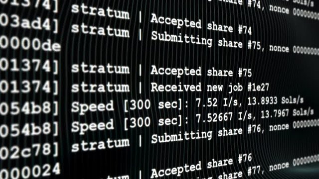 Cryptocurrency mining software job data output screen. Cryptocoin mining algorithm command line interface. Angle view, shallow depth of field
