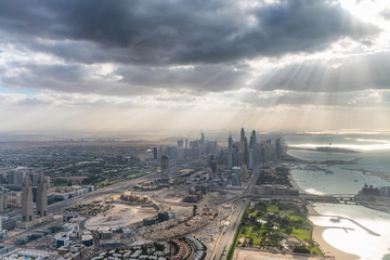 Aerial view of Dubai with backlight, United Arab Emirates