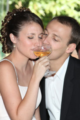 wedding new couple drink wine champagne together in love for opens cocktail for guests