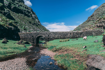 Obraz premium Wishing Bridge of Gap of Dunloe, a narrow mountain pass forged between the MacGillycuddy Reeks and Purple Mountain by glacial flows