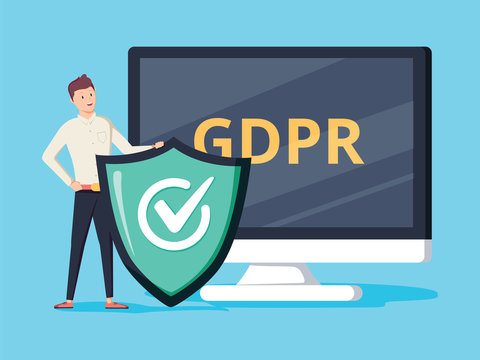 GDPR protector. Smiling cartoon character with a shield in front of the screen showing GDPR letters.
