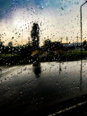 Raindrops in a window of a bus