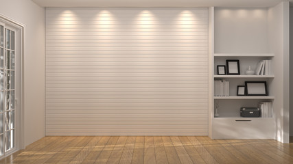 empty wall copy space, minimal white room,Built in white shelf, book, picture frame 3d illustration interior design living room
