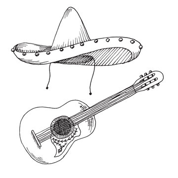 Sketch Of Sombrero And Guitar Isolated On White Background. Vector