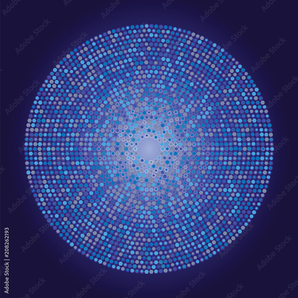 Poster circle made of hexagons in blue colors. abstract tech background