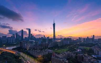 beautiful sunrise in Guangzhou  china,urban buildings.