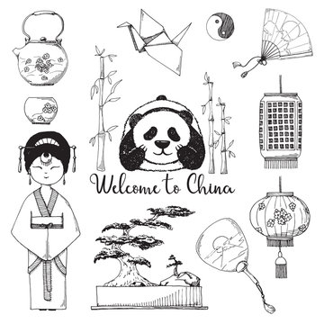 Set of elements of Chinese culture. Vector illustration in sketch style.