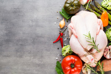Fresh chicken  meat and vegetables. Flat lay.
