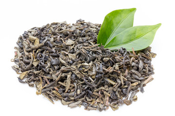 Green tea leaf isolated on white background.