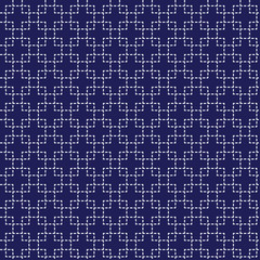 Japanese sashiko ornament. Asian embroidery motifs. Abstract seamless patterns. White stitches on the indigo blue background. For handicraft or decoration.
