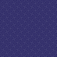 Japanese sashiko ornament. Asian embroidery motifs. Abstract seamless patterns. White stitches on the indigo blue background. For handicraft or decoration.